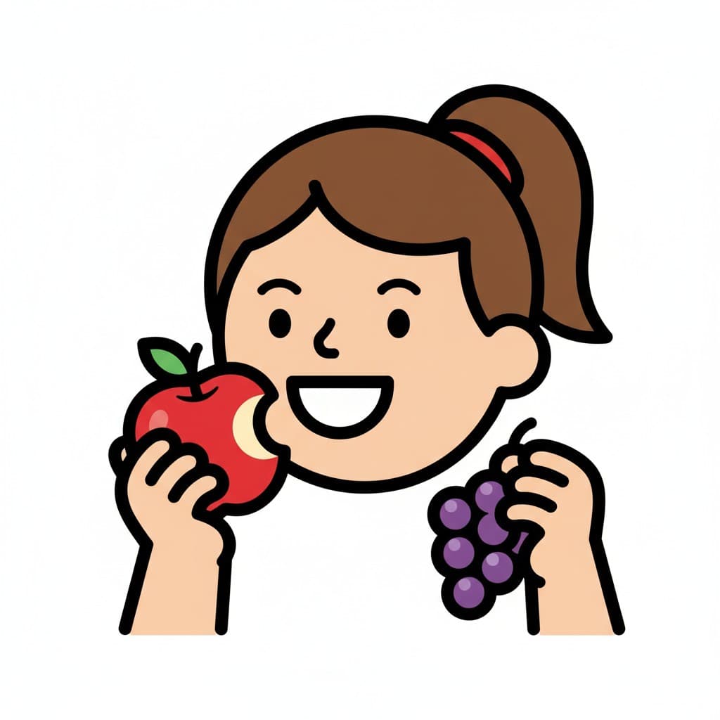 A cartoon girl biting into a red apple and holding a bunch of purple grapes in her other hand.