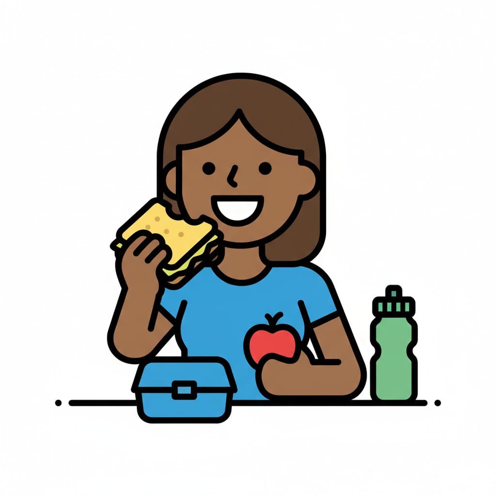 En illustrasjon av en jente som spiser lunsj, med en sandwich, et eple, en matboks og en vannflaske på et bord.