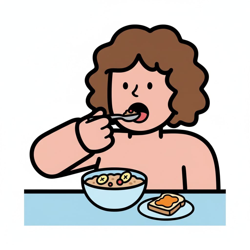 En tjej äter gröt med sked, med en brödskiva med pålägg på bordet.