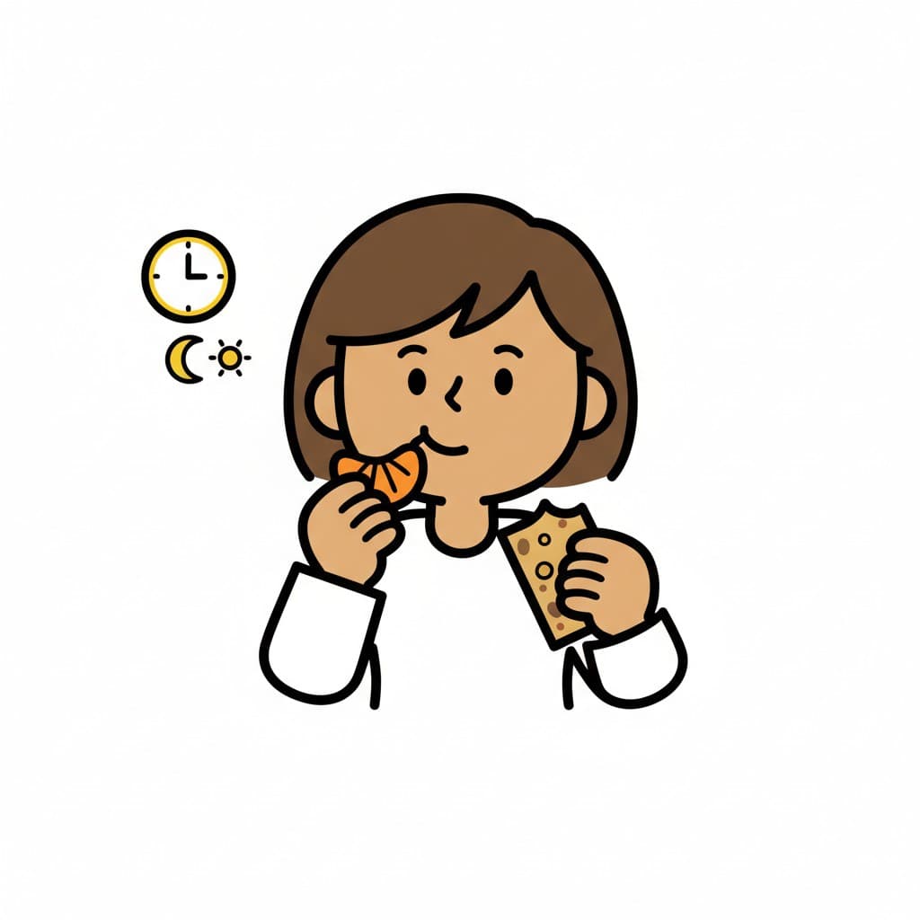 En jente spiser en appelsinskive og holder en kjeks. Dag-, natt- og klokkeikoner er i bakgrunnen.