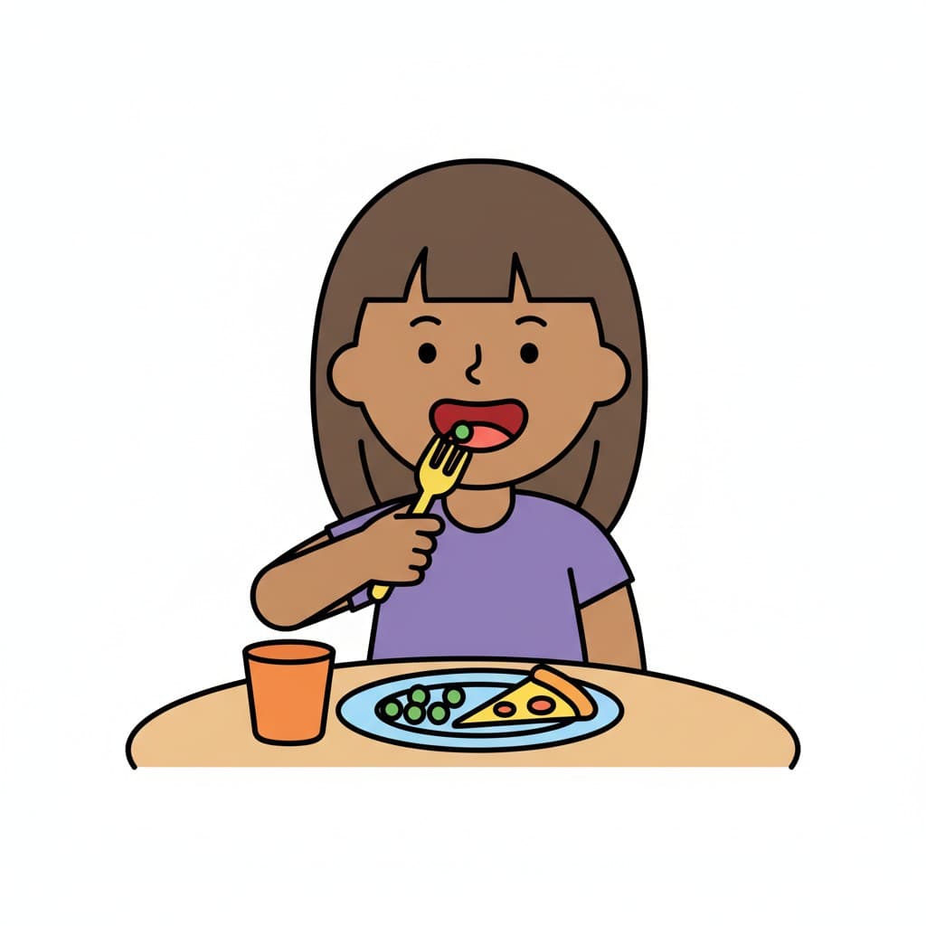 A girl eating peas with a fork from a plate with a slice of pizza. A glass is next to it.