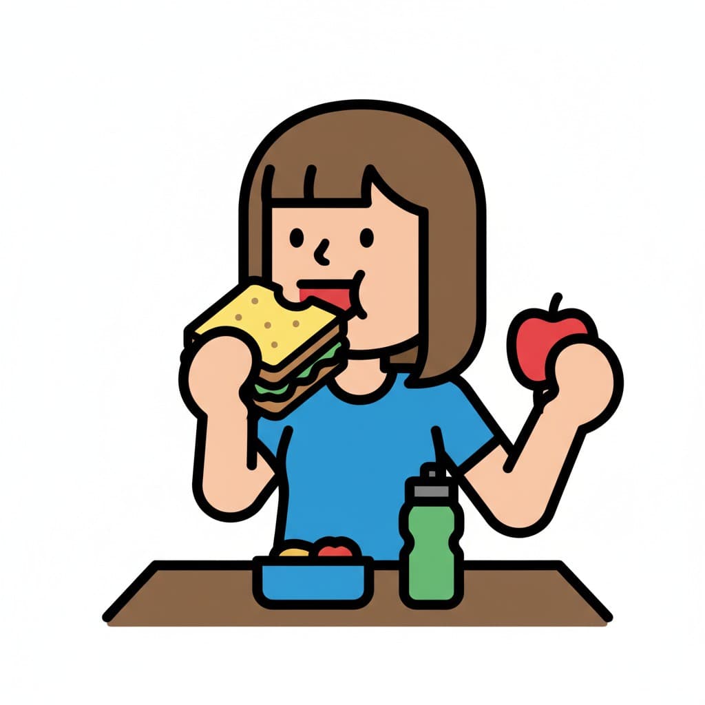 En flicka sitter vid ett bord och äter en smörgås. Hon håller ett rött äpple i andra handen. En vattenflaska och en skål med mat står på bordet.