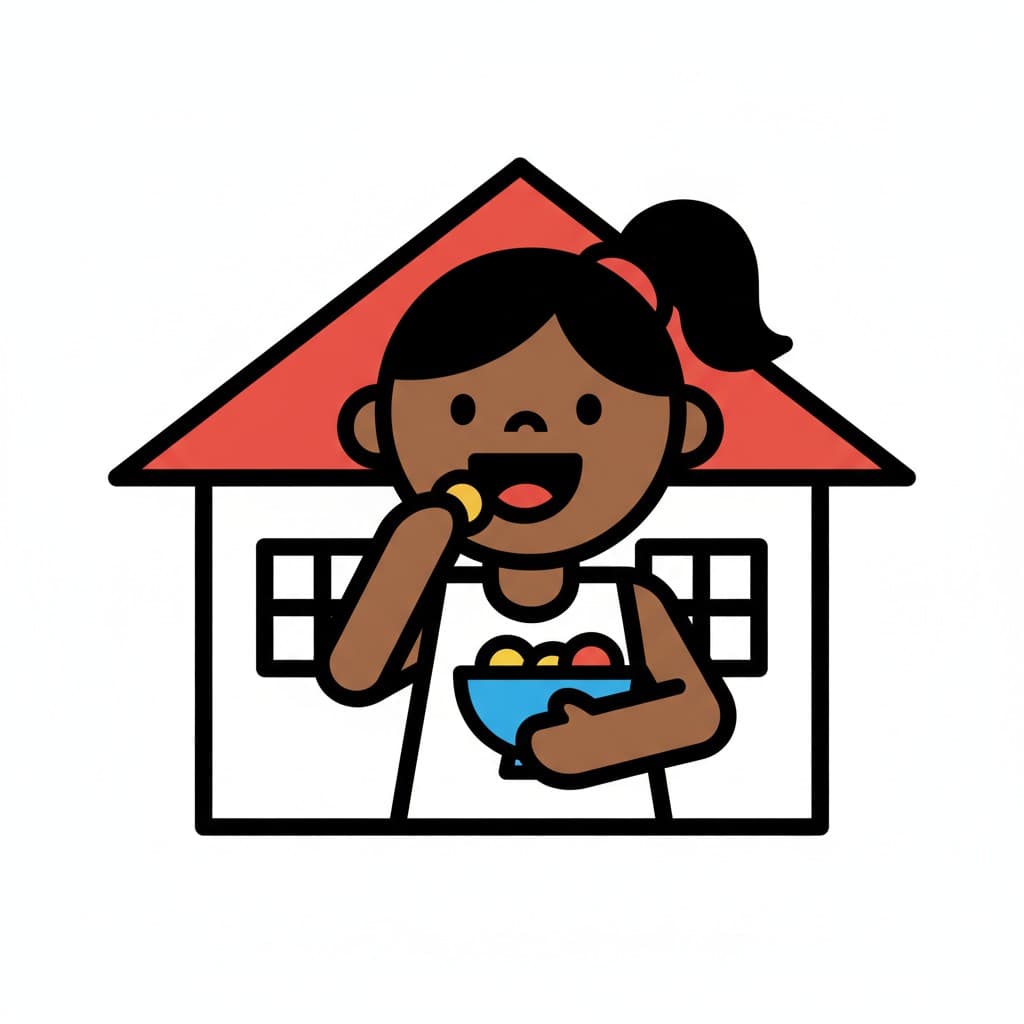 En jente sitter inne i et hus og spiser en snack fra en skål.