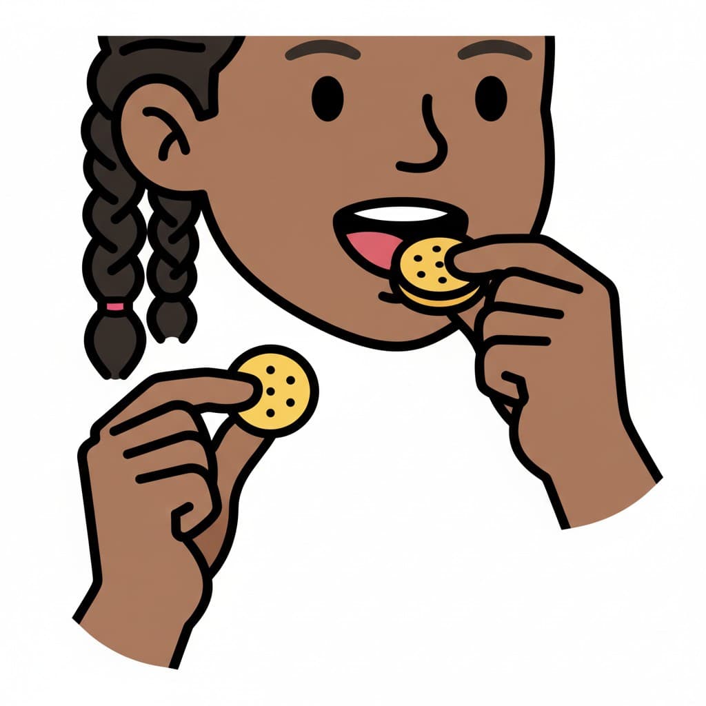 A person holds and eats a small round snack.