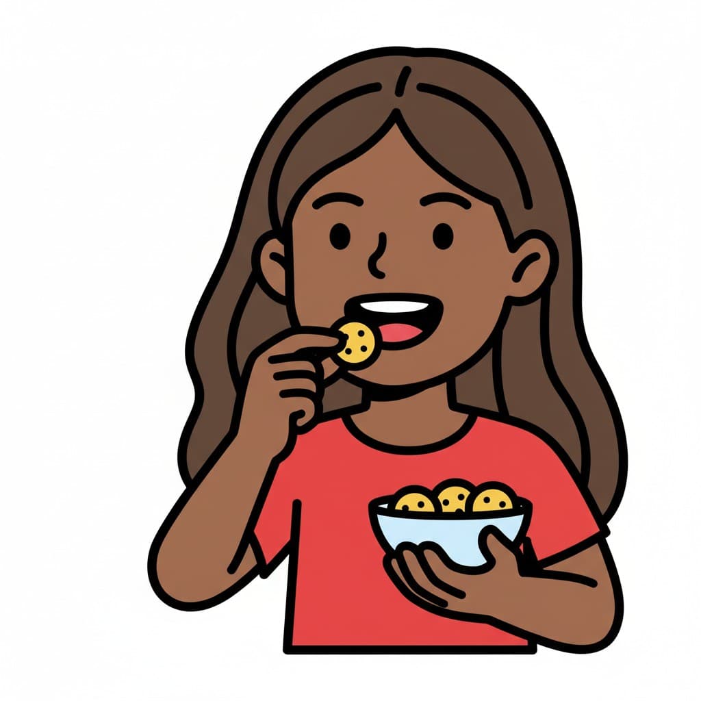 A person with long hair eats a small round snack from a bowl.