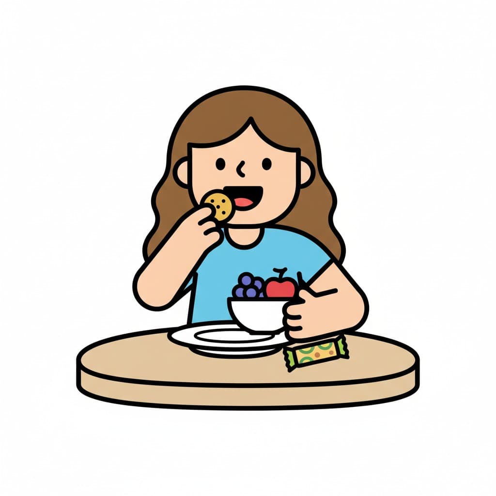 En flicka sitter vid ett bord och äter en kaka. Framför henne finns en skål med frukt och en mellanmålsbar.