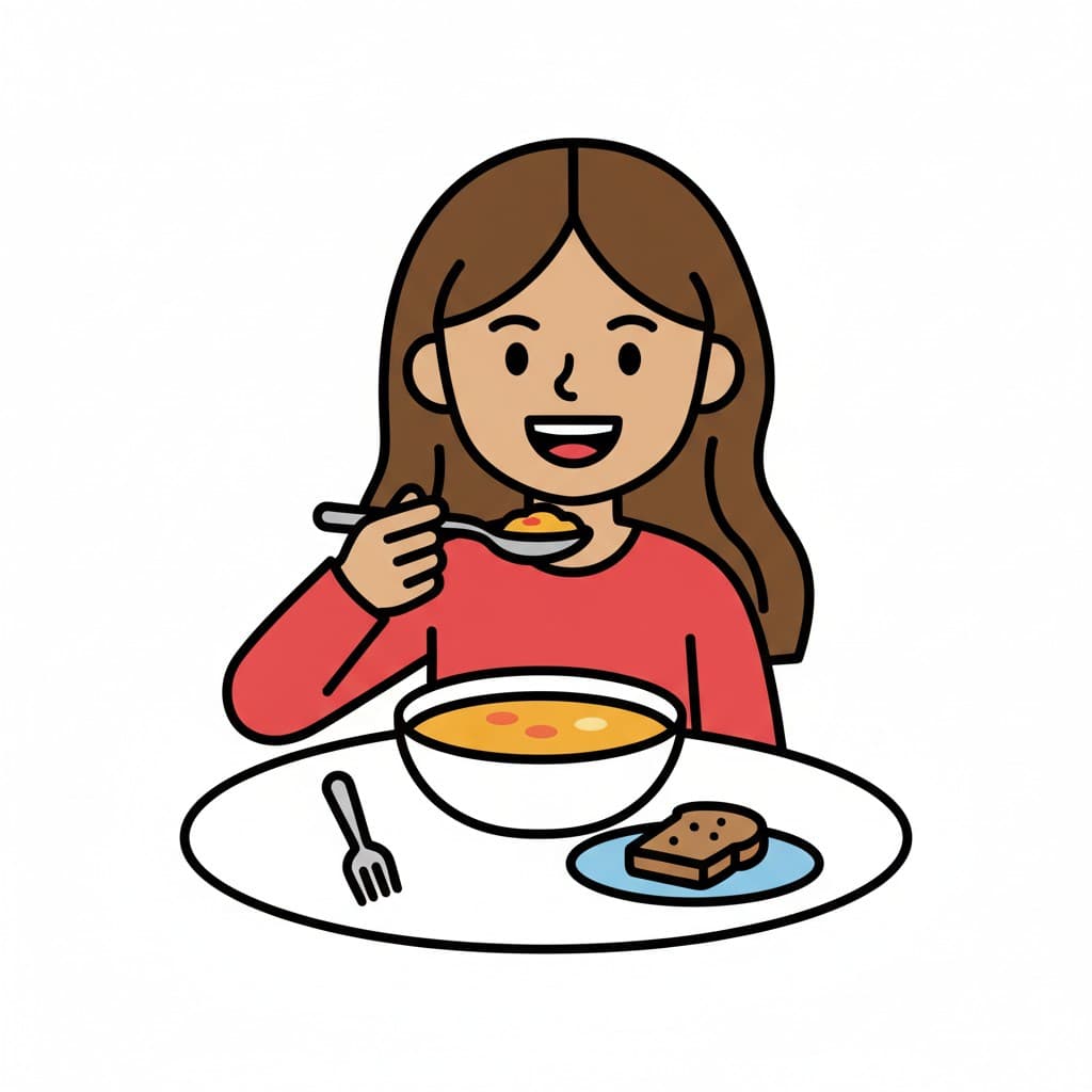 A girl in a red top lifts a spoonful of soup to her mouth, with a bowl of soup and a slice of bread on a blue plate in front of her.