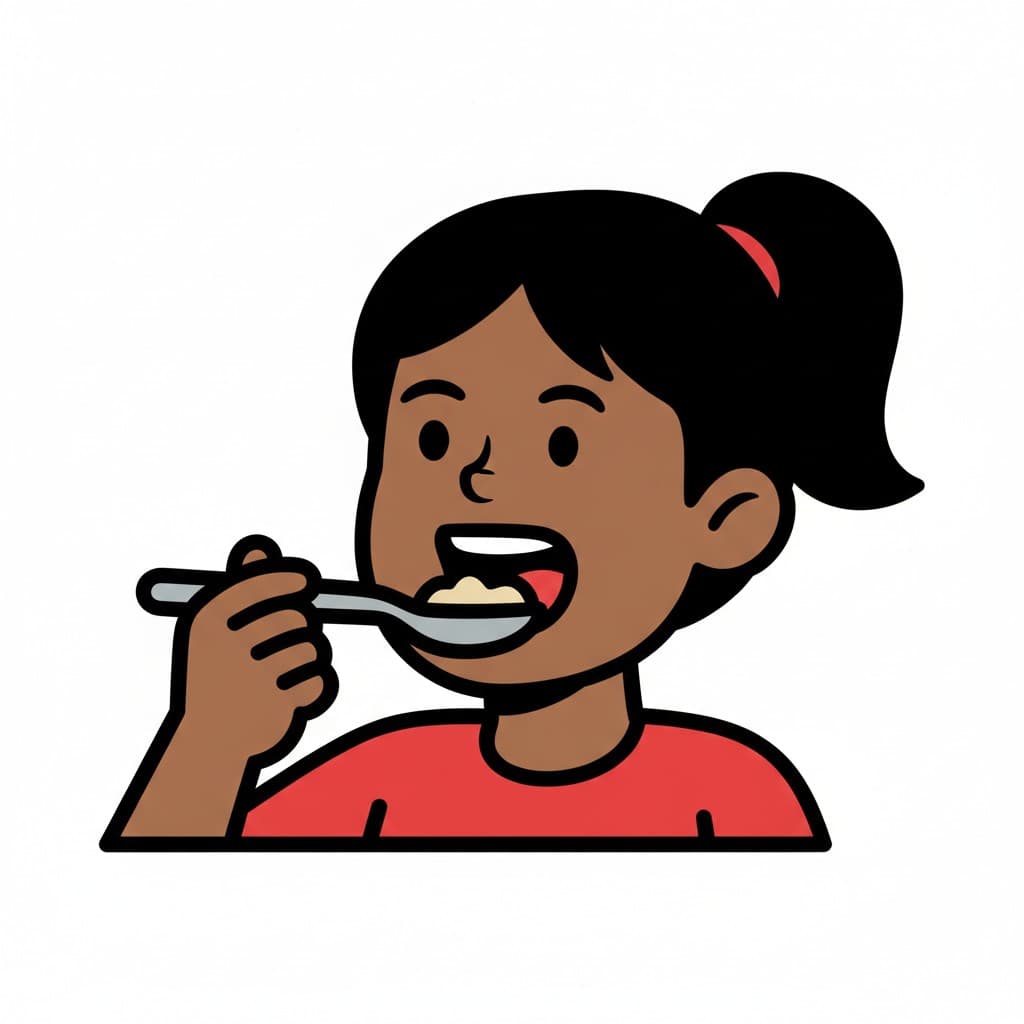 Ein Mädchen isst mit einem Löffel.