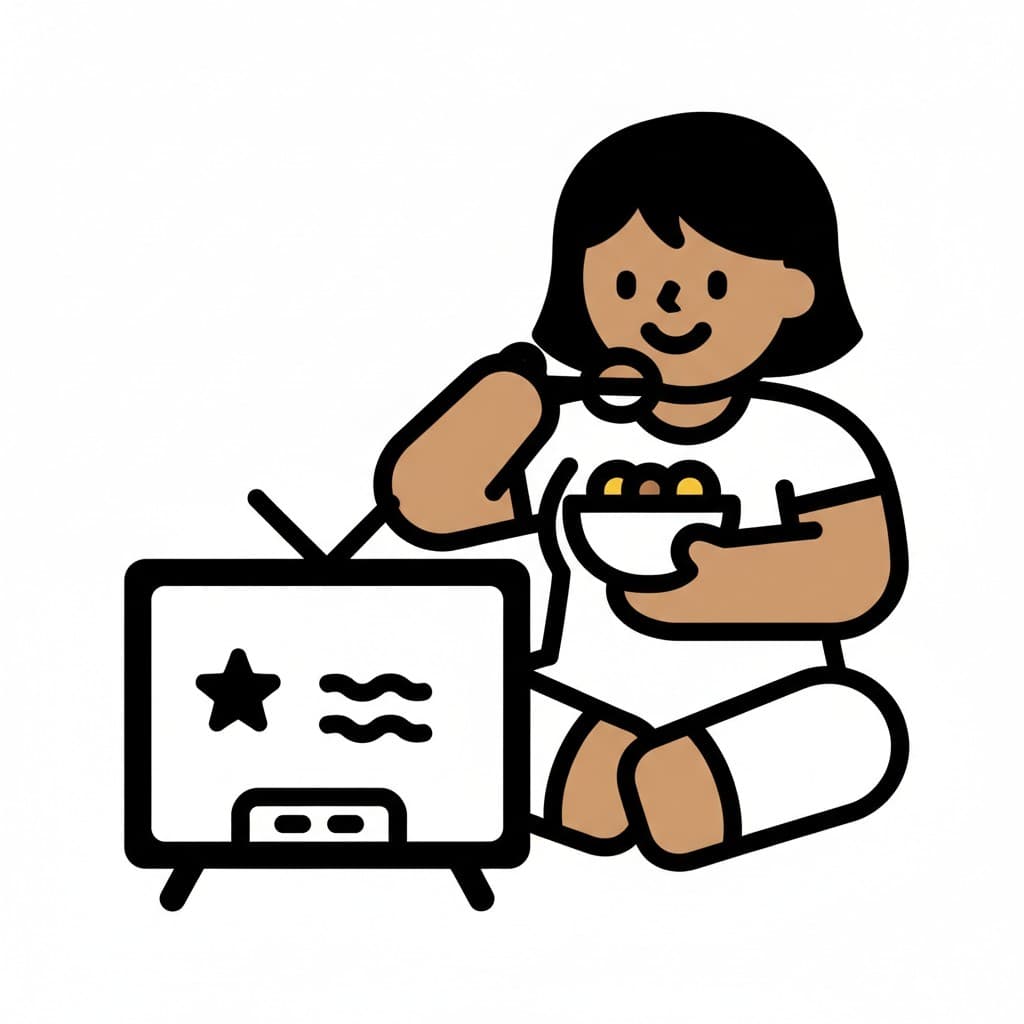 A person sitting and eating from a bowl with a spoon, next to a TV.