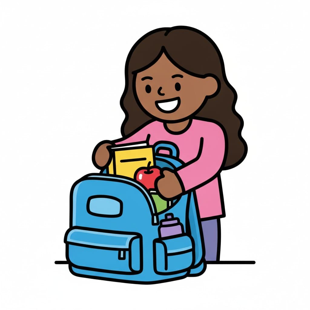 Books, an apple and a water bottle come out of a large blue backpack.