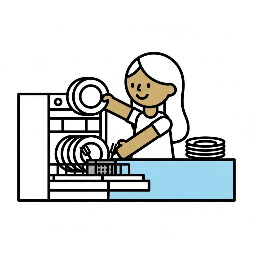 A girl lifts a plate out of an open dishwasher in the kitchen.