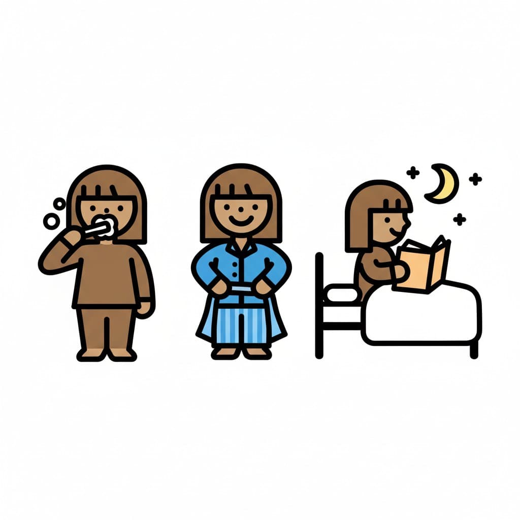 Eine Person, die Zähne putzt, eine Person in Pyjamas stehend und eine Person, die im Bett liest.