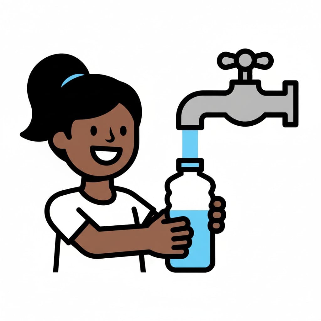 En person med en tofs fyller en vattenflaska från en kran.