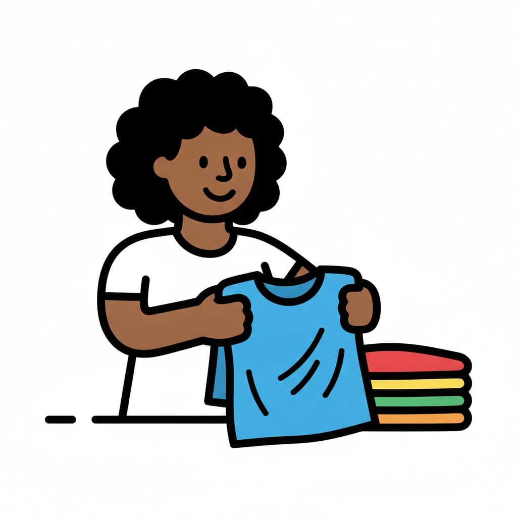 En pige folder en blå t-shirt ved et bord, hvor farverigt tøj allerede ligger foldet i en stak.