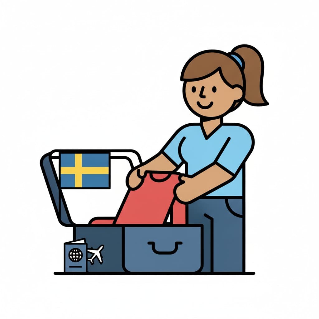 Kläder viks ihop och läggs i resväskan bredvid ett pass och en svensk flagga.