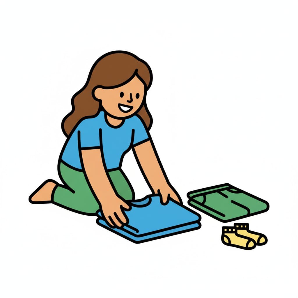 A girl sits on the floor, folding a pile of clothes, with socks next to them.