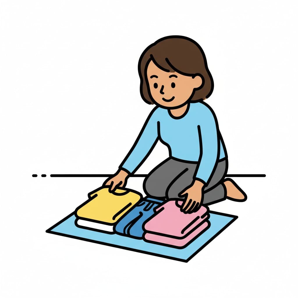 A girl sits, folding a pile of clothes on a blue mat.