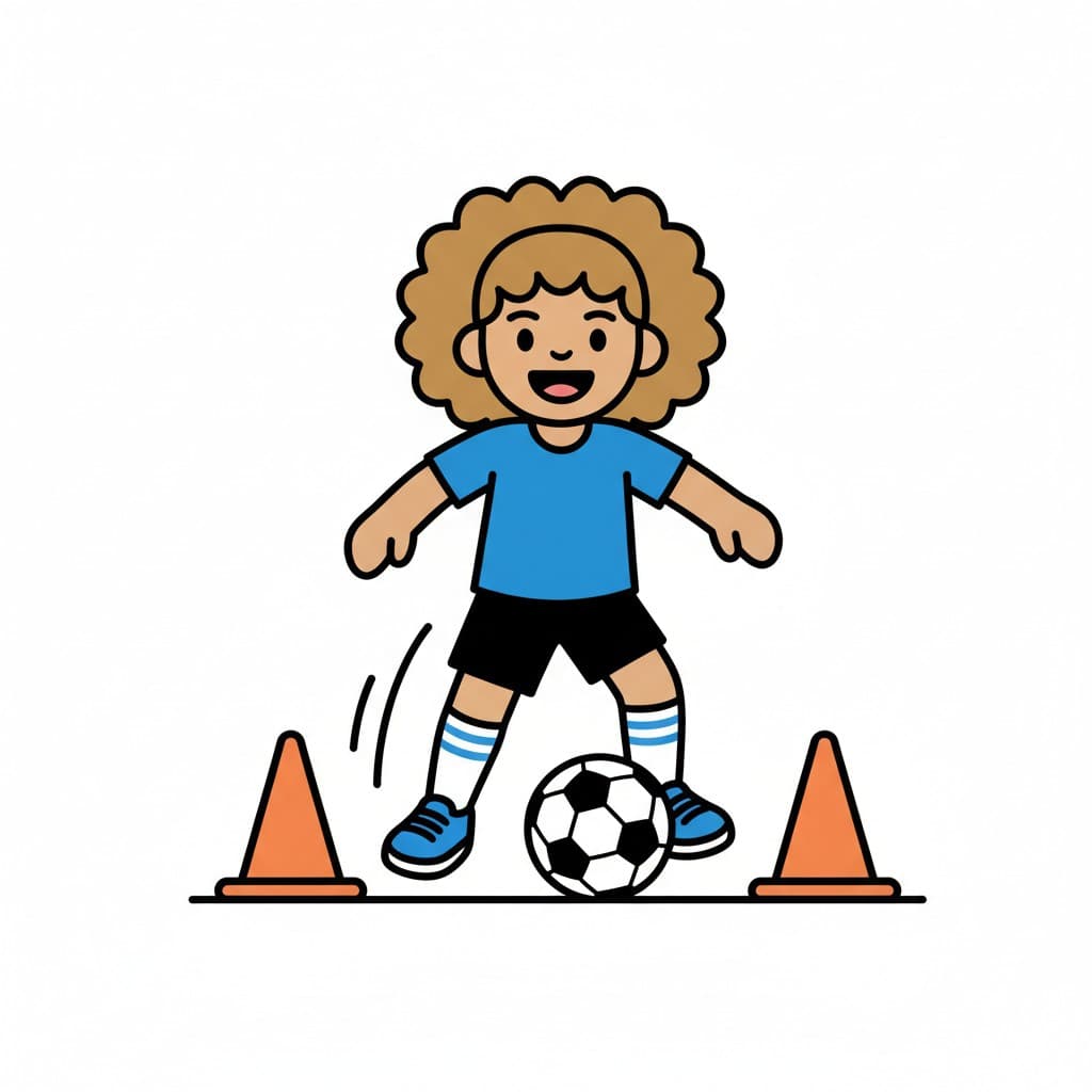 A girl playing football, dribbling the ball between cones.