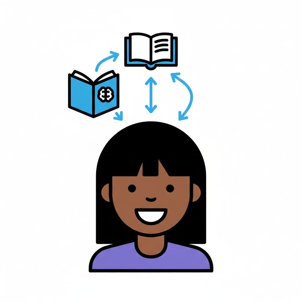 An illustration of a person with books and arrows above her head, symbolizing learning and gaining knowledge.