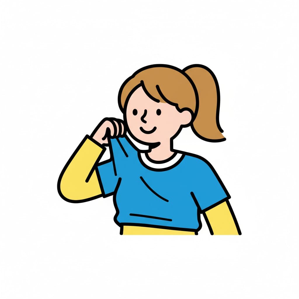 En person smiler og tar på seg en blå genser.