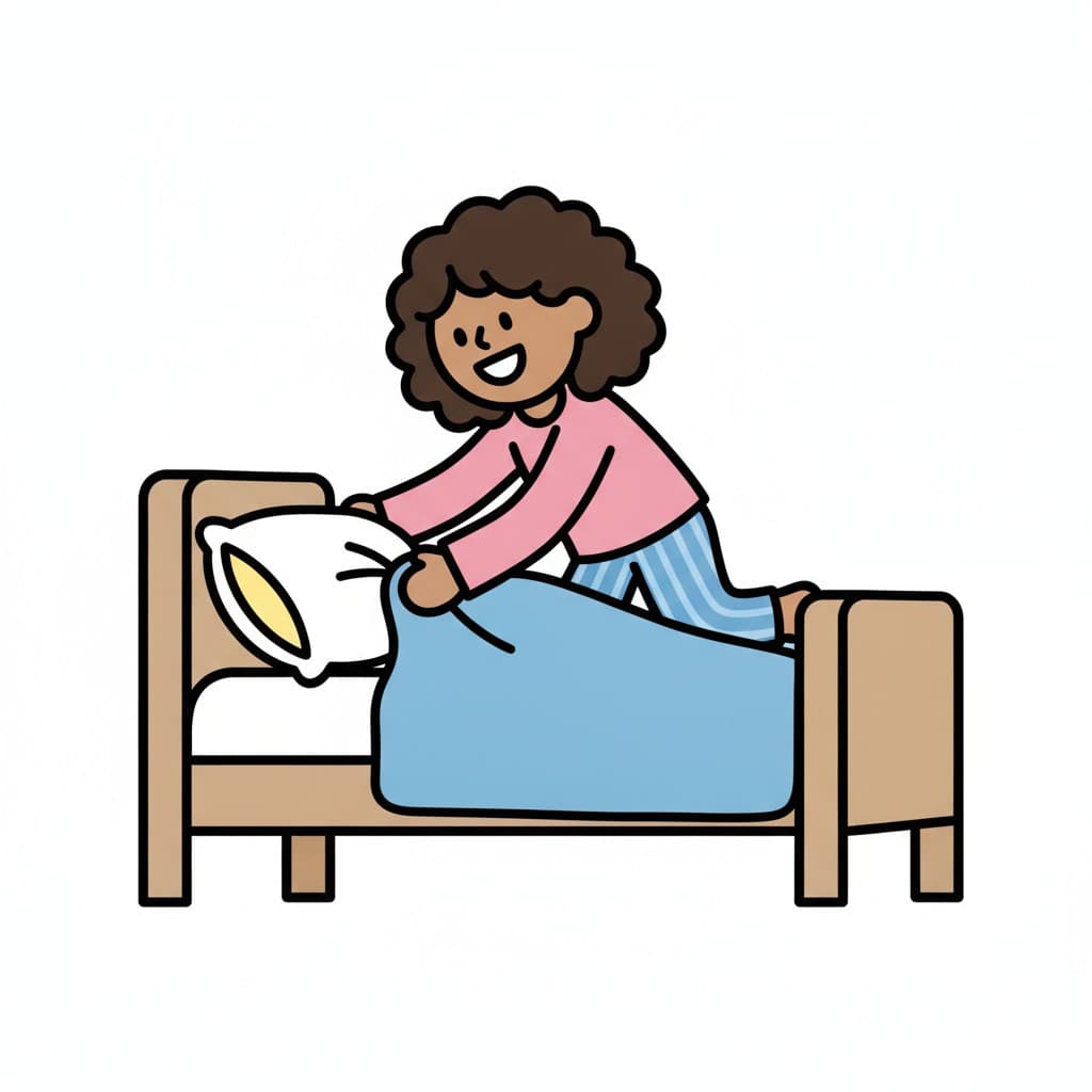 A child in pajamas climbs into bed and pulls up the blanket by the pillow.