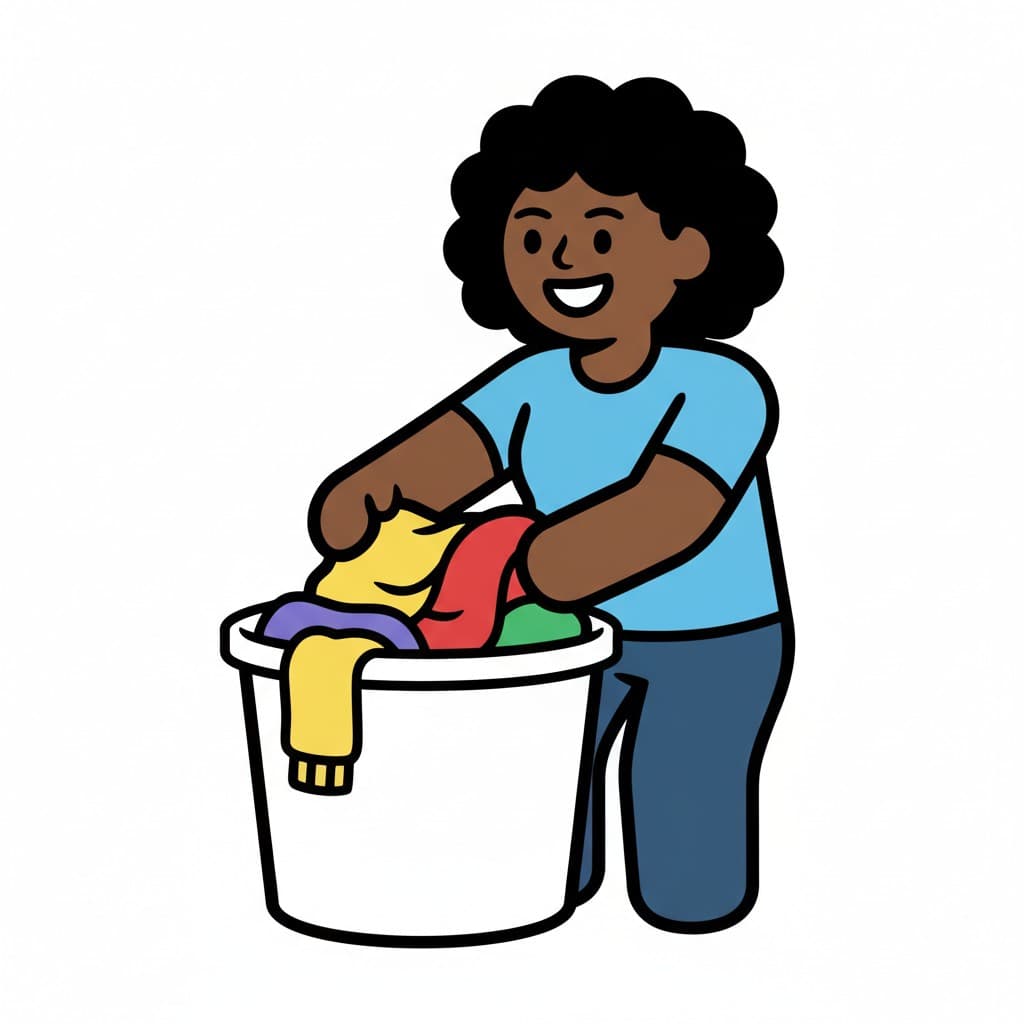 En flicka som sträcker sig ner i en tvättkorg fylld med färgglada kläder.