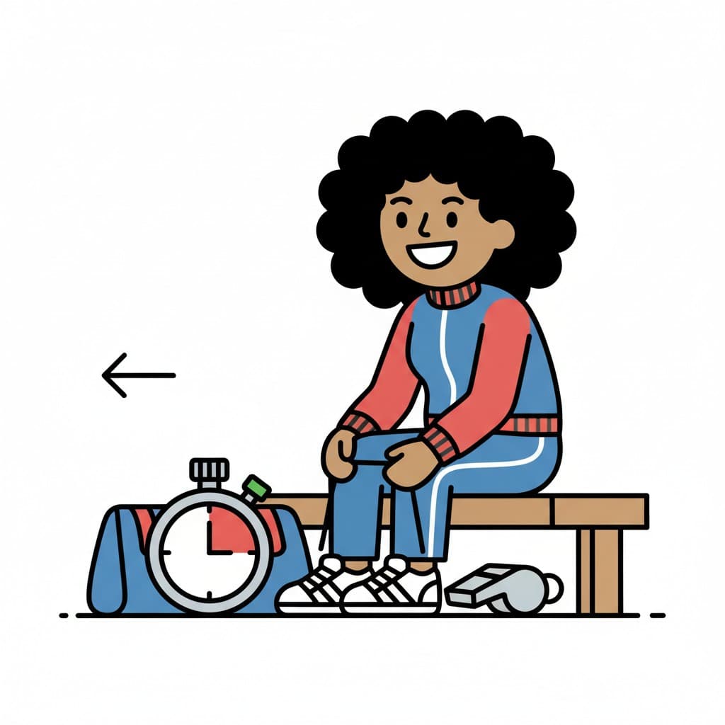 En tjej i träningsdräkt sitter på en bänk bredvid en sportväska, ett stoppur och en visselpipa. En pil pekar åt vänster.
