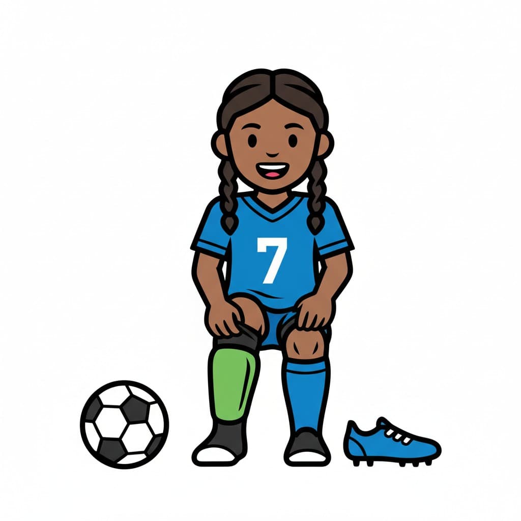A girl in a blue football uniform is sitting and putting on a shin guard. A football and a football boot are next to her.