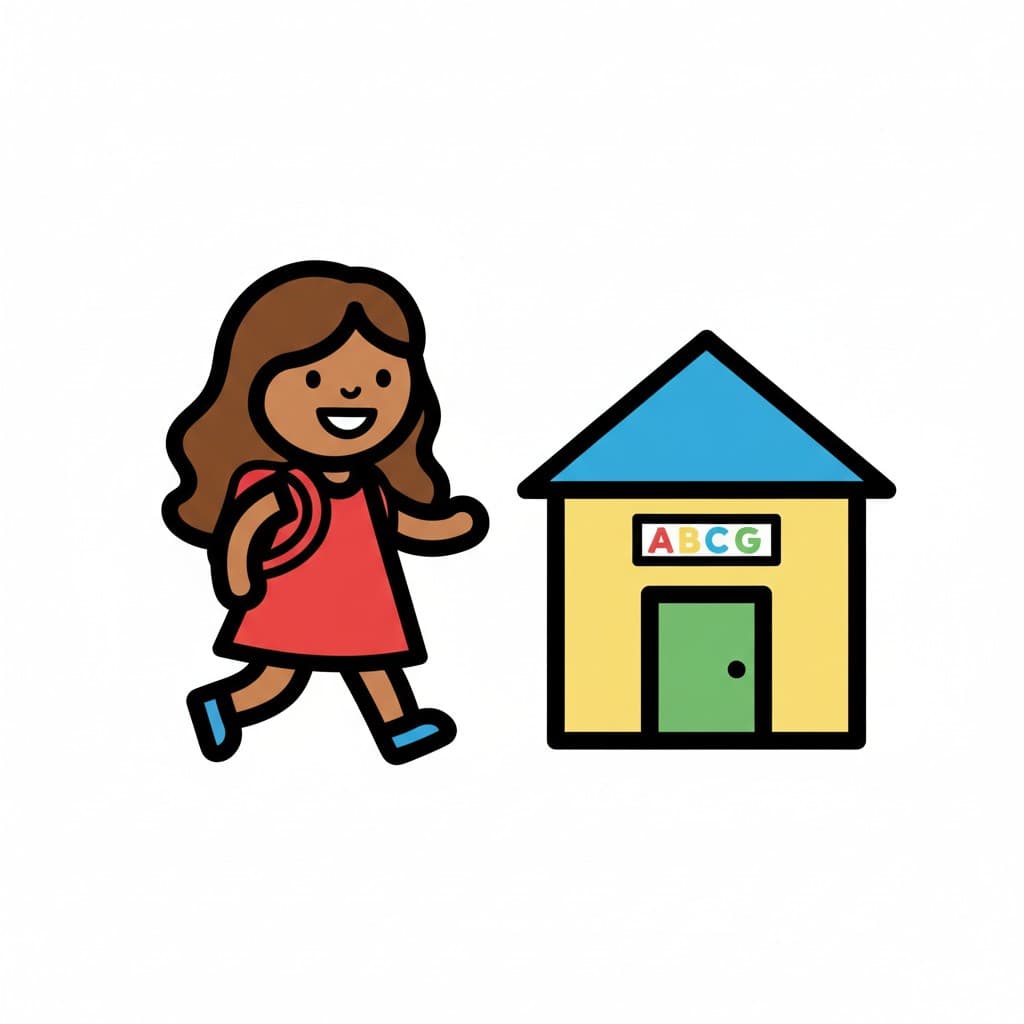 En jente med ryggsekk går mot en bygning med et ABCG-skilt.