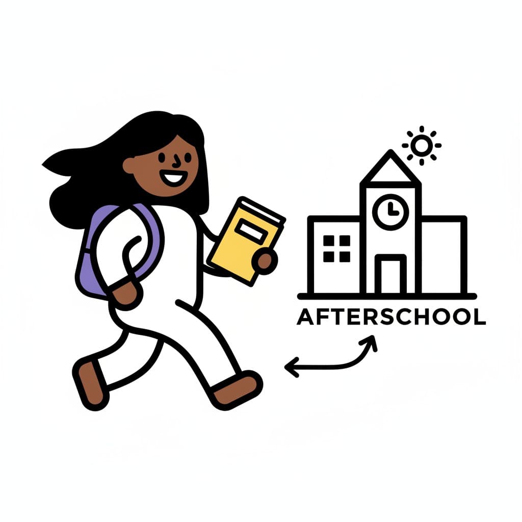 A cartoon girl with a backpack and a book walks towards a building labeled "AFTERSCHOOL".