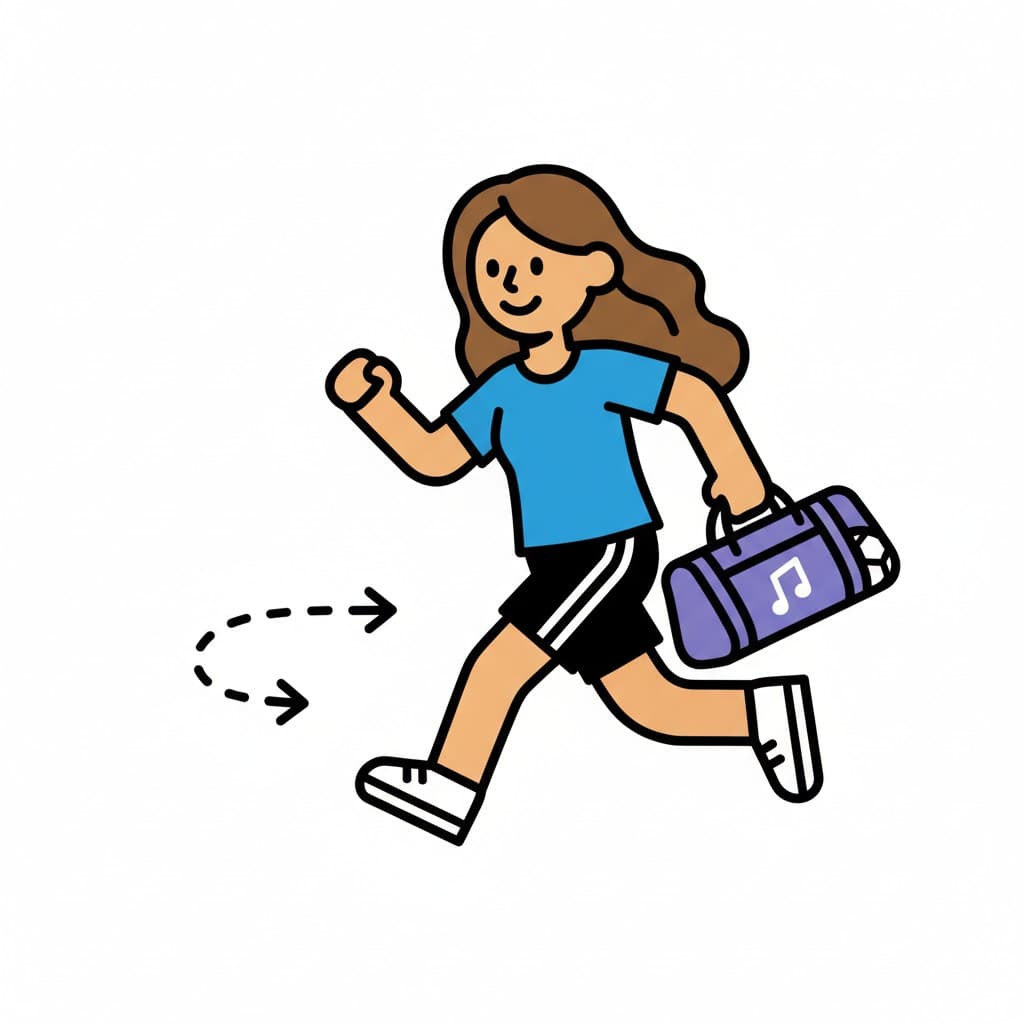 A person running with a sports bag that has a musical note on it.