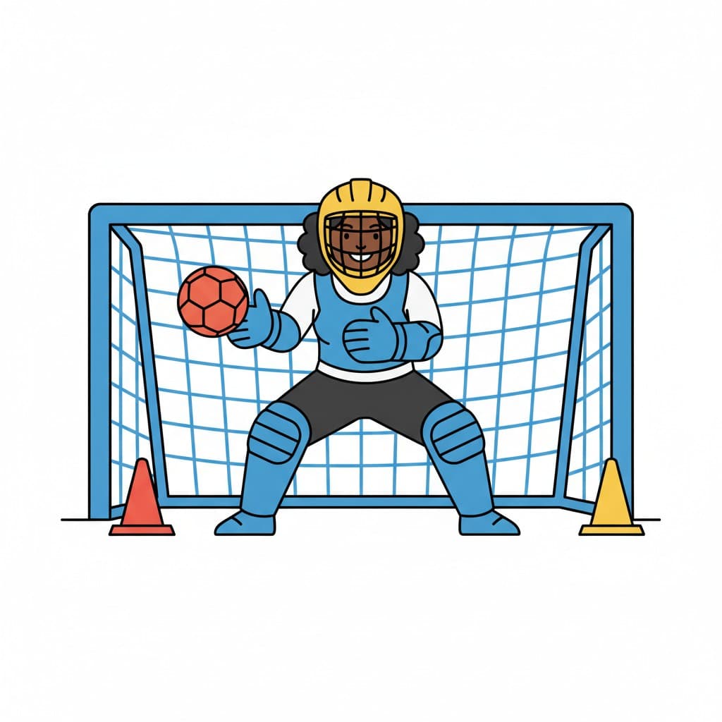 En illustrasjon av en jente i keeperutstyr som holder en fotball foran et mål. To kjegler står på bakken ved siden av målet.