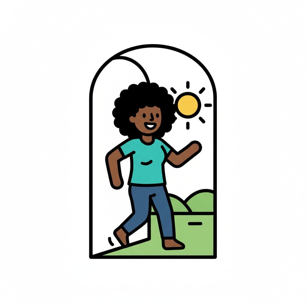 En flicka går ut i solen.