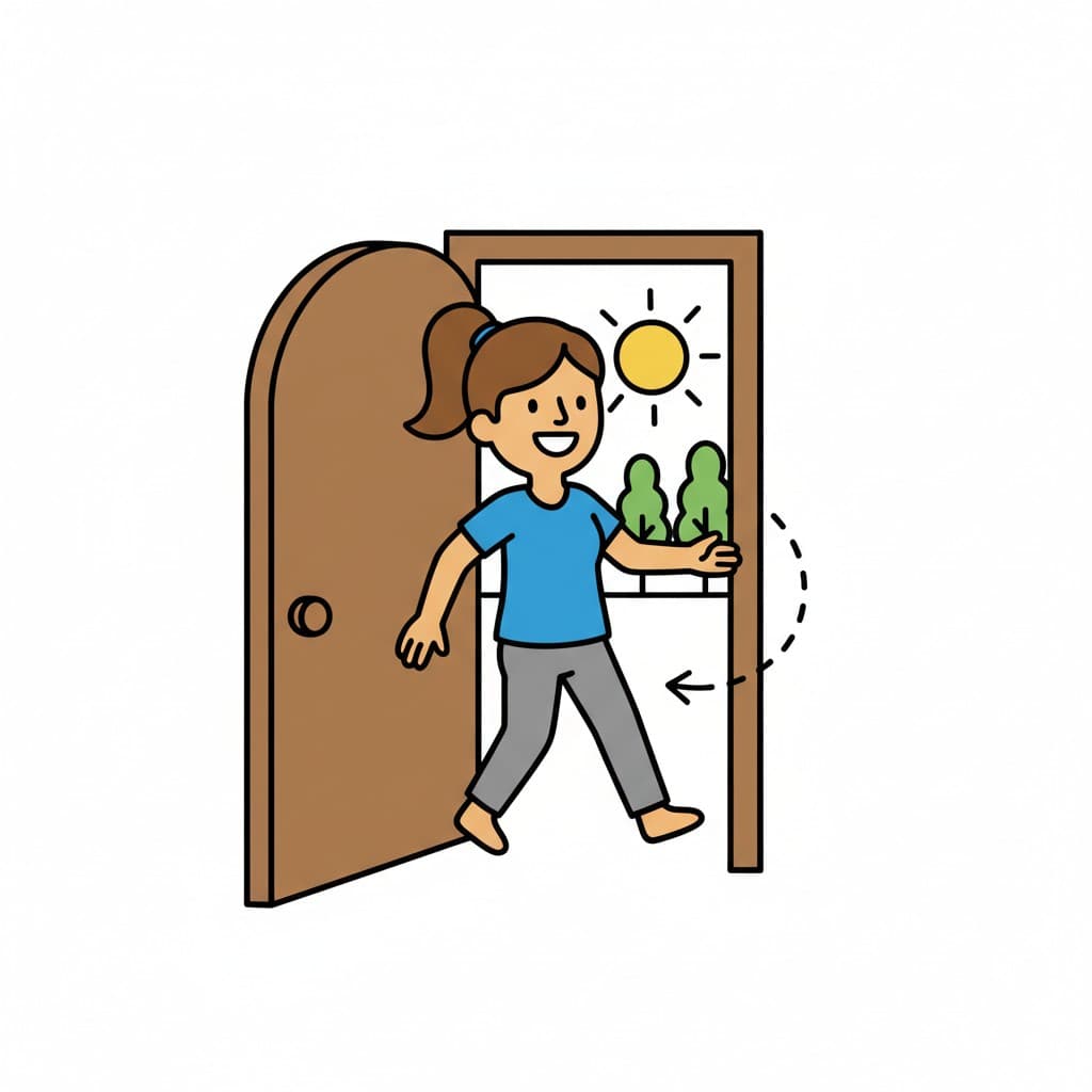 A girl steps out through a door into a sunny outdoor environment with trees.