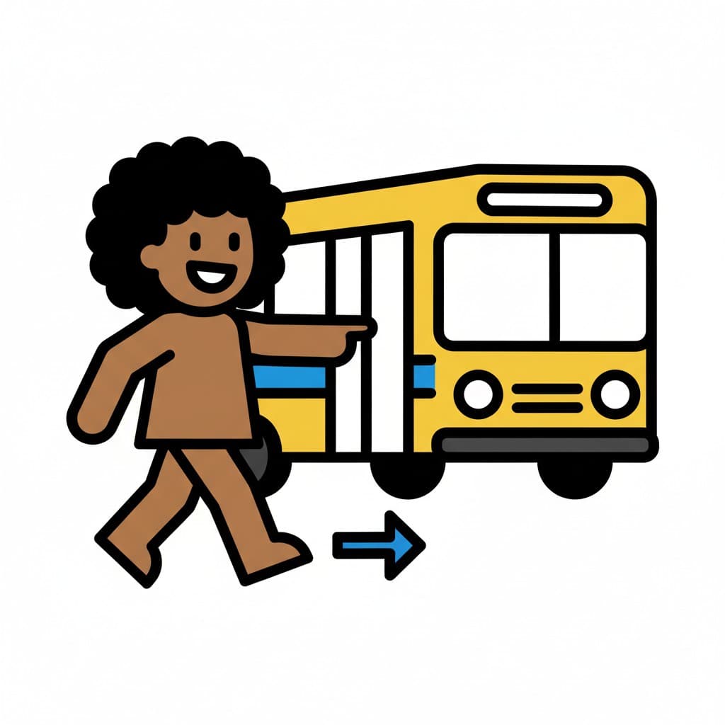 Eine lächelnde Person zeigt auf einen gelben Bus, mit einem Pfeil, der die Bewegung zum Bus anzeigt.