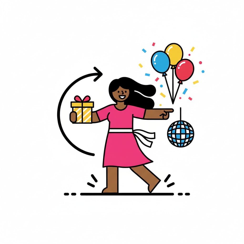 A person carries a gift and points towards a party with balloons, confetti, and a disco ball.
