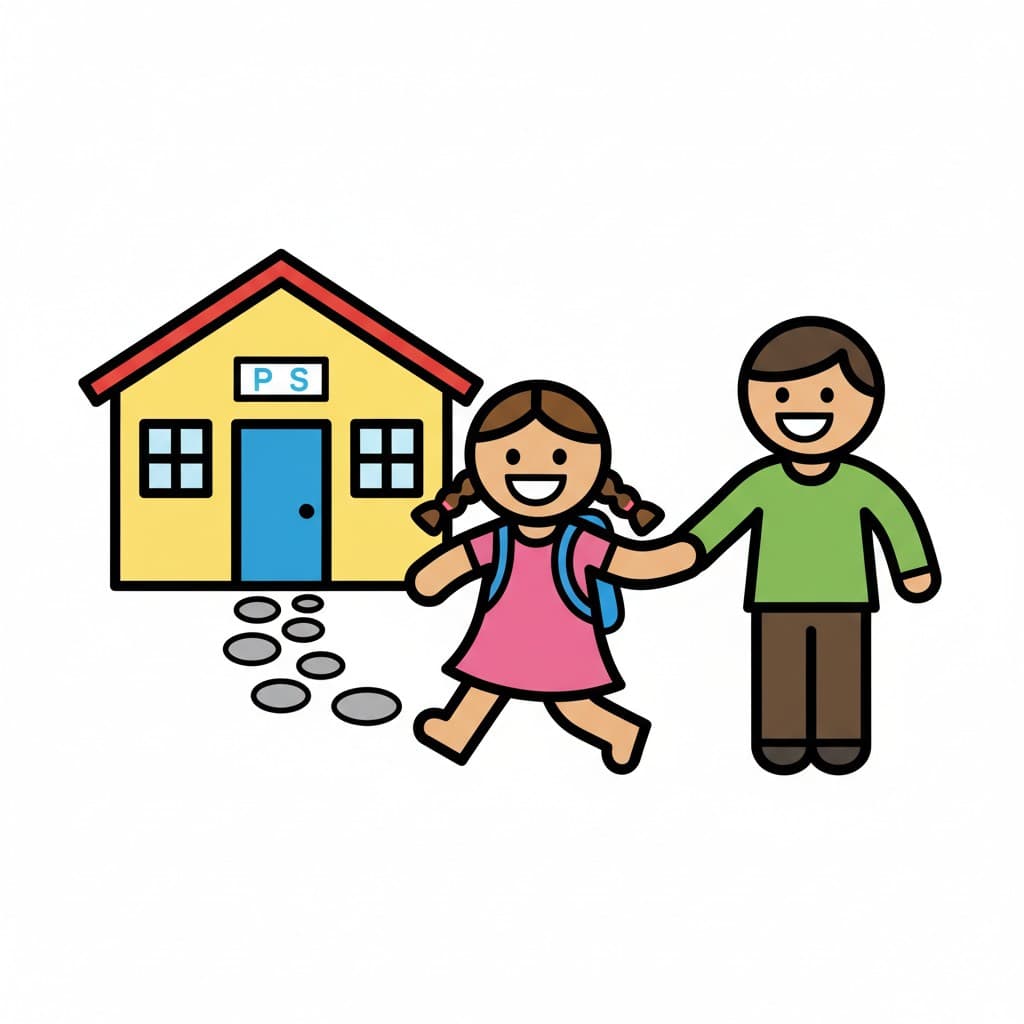 A girl with a backpack holds hands with an adult, walking towards a yellow building labeled PS.