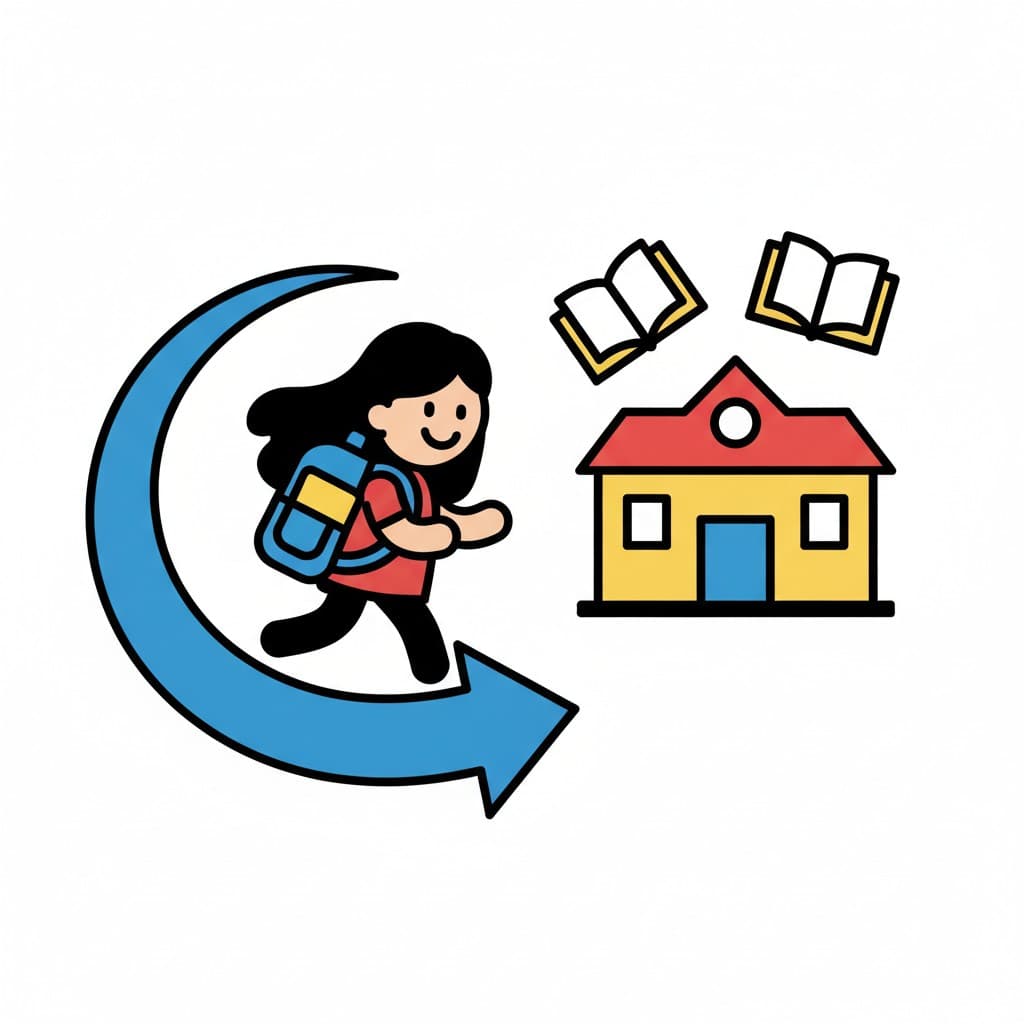 Illustration of a girl with a blue backpack walking along a blue arrow towards a yellow school building with a red roof, with two open books floating above it, representing going to school.