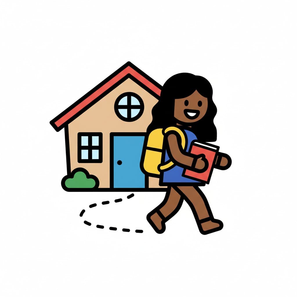 En flicka med ryggsäck och bok går iväg från ett hus och ler.