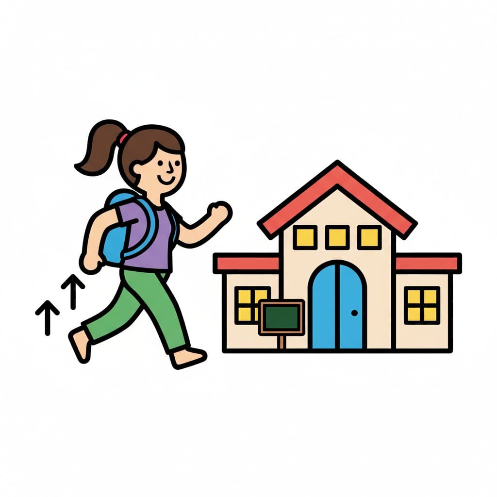 A cartoon girl with a backpack walks towards a school.