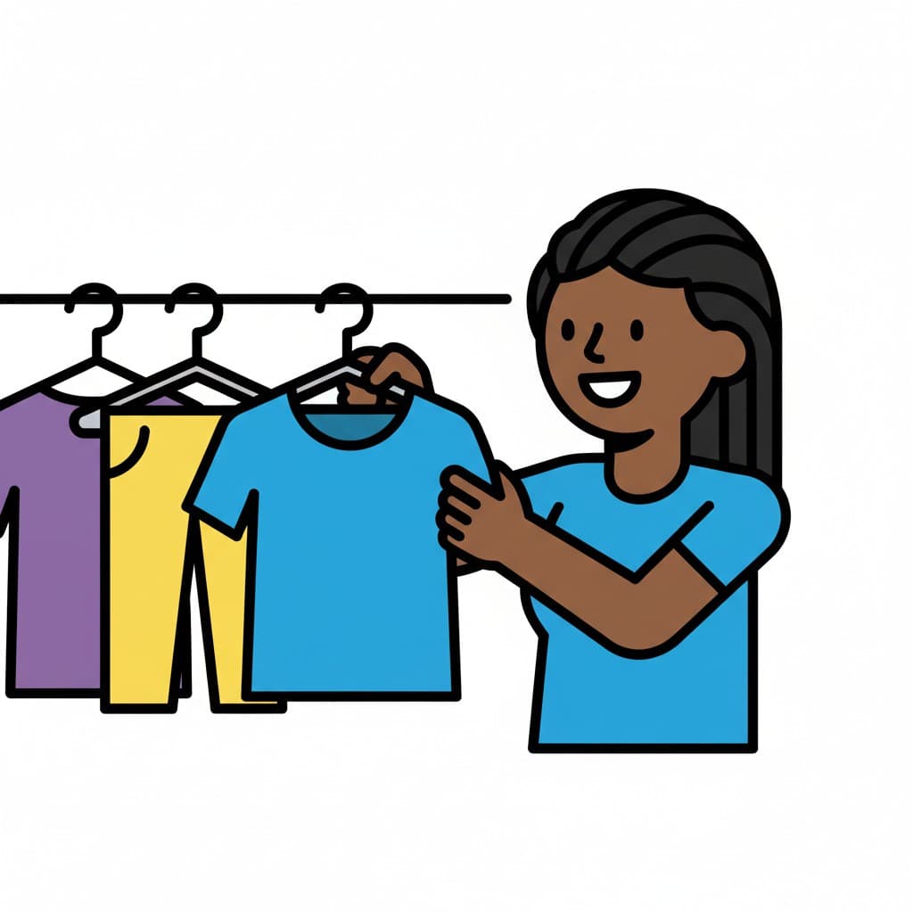 En leende person håller en blå t-shirt på en galge och förbereder sig för att hänga den på en klädstång med andra plagg.