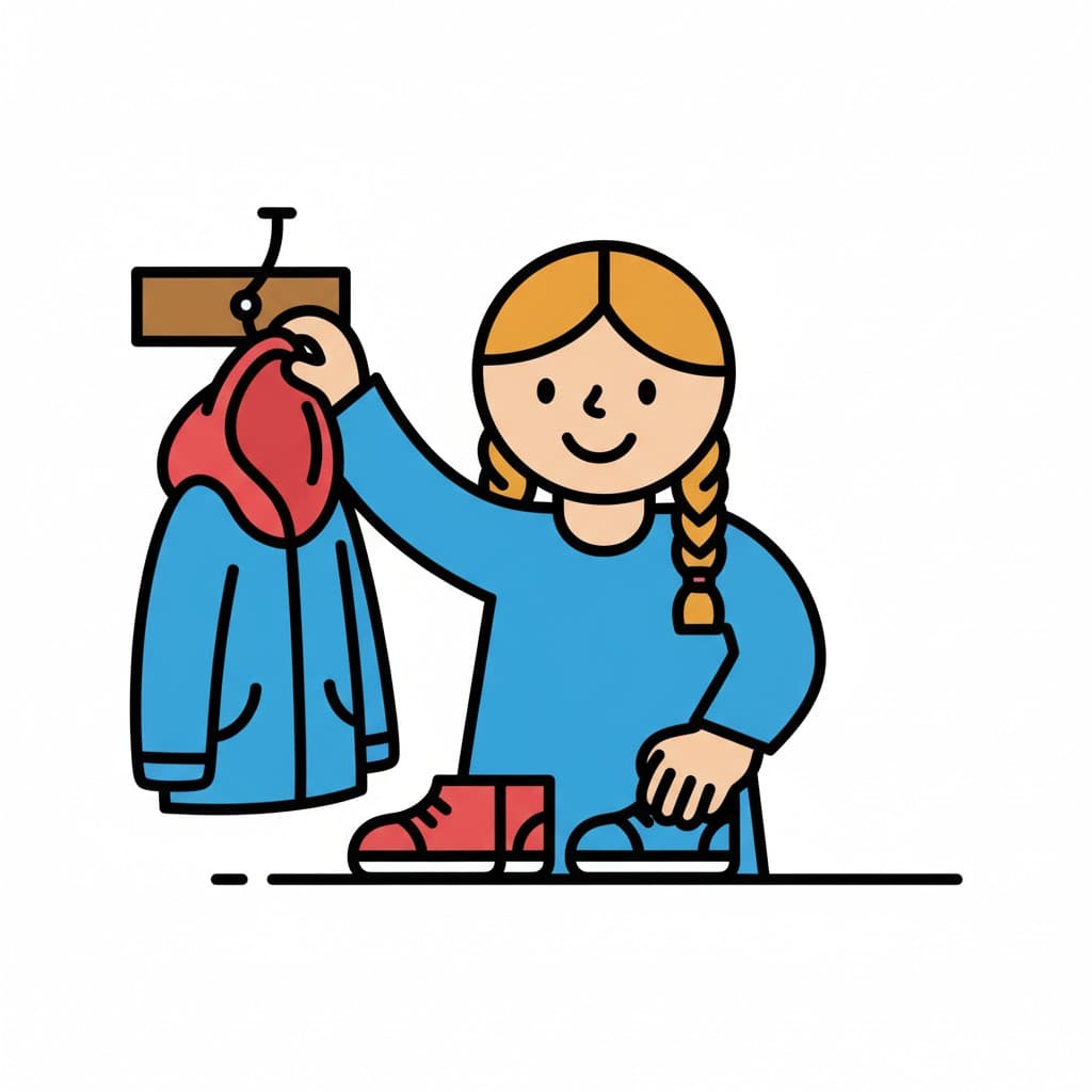 A girl is hanging a jacket on a hook and tidying up shoes.