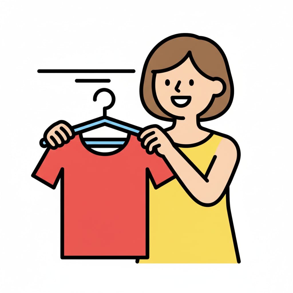 En leende person i en gul topp håller en röd t-shirt på en blå galge, redo att hänga den på en stång.