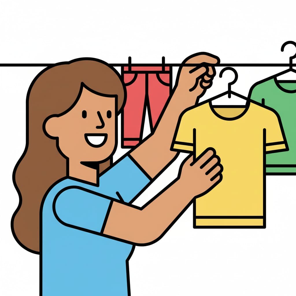 En leende person hänger upp en gul t-shirt på en galge på en klädstång. Andra kläder syns i bakgrunden.