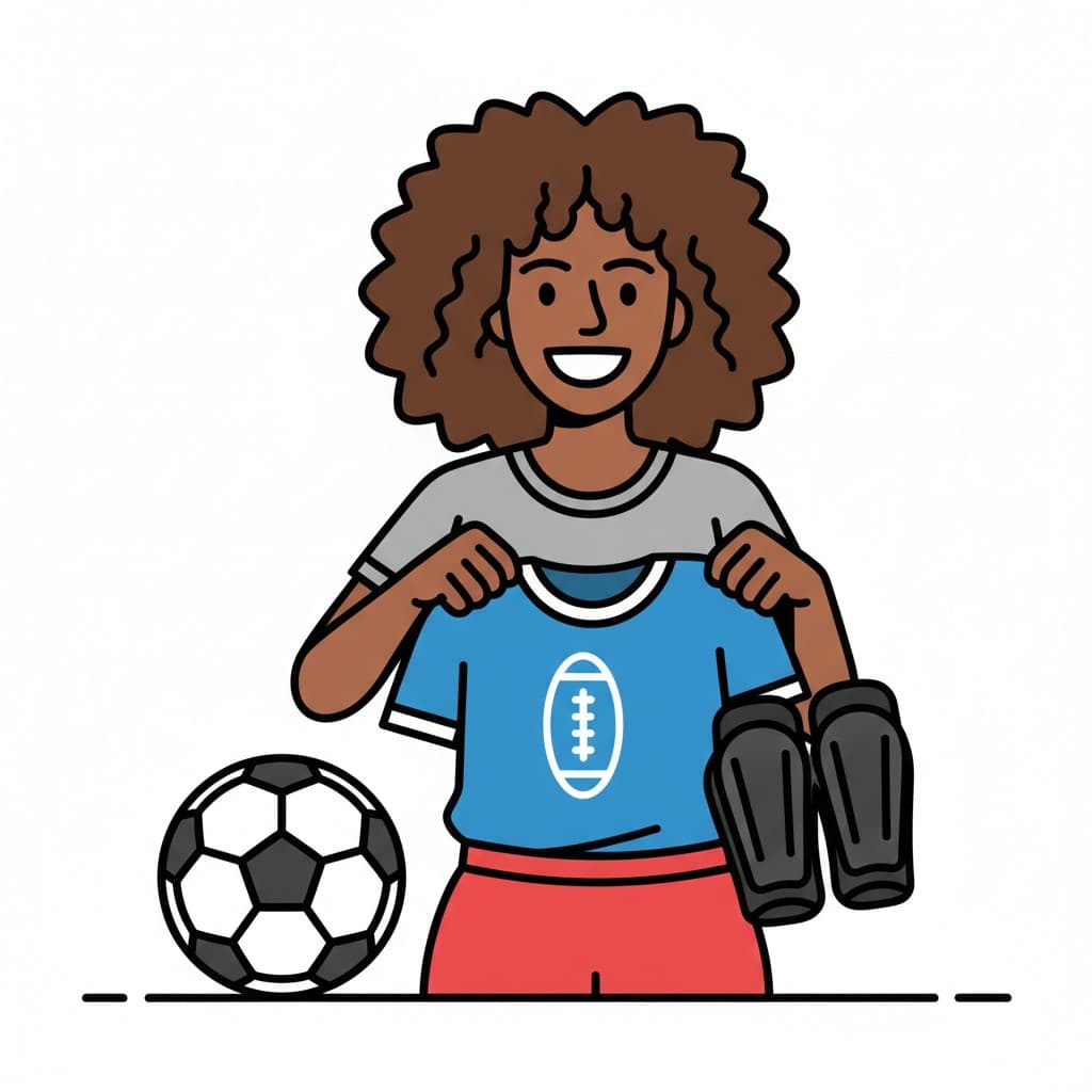 A girl holds up a football jersey with a football and shin guards next to her.
