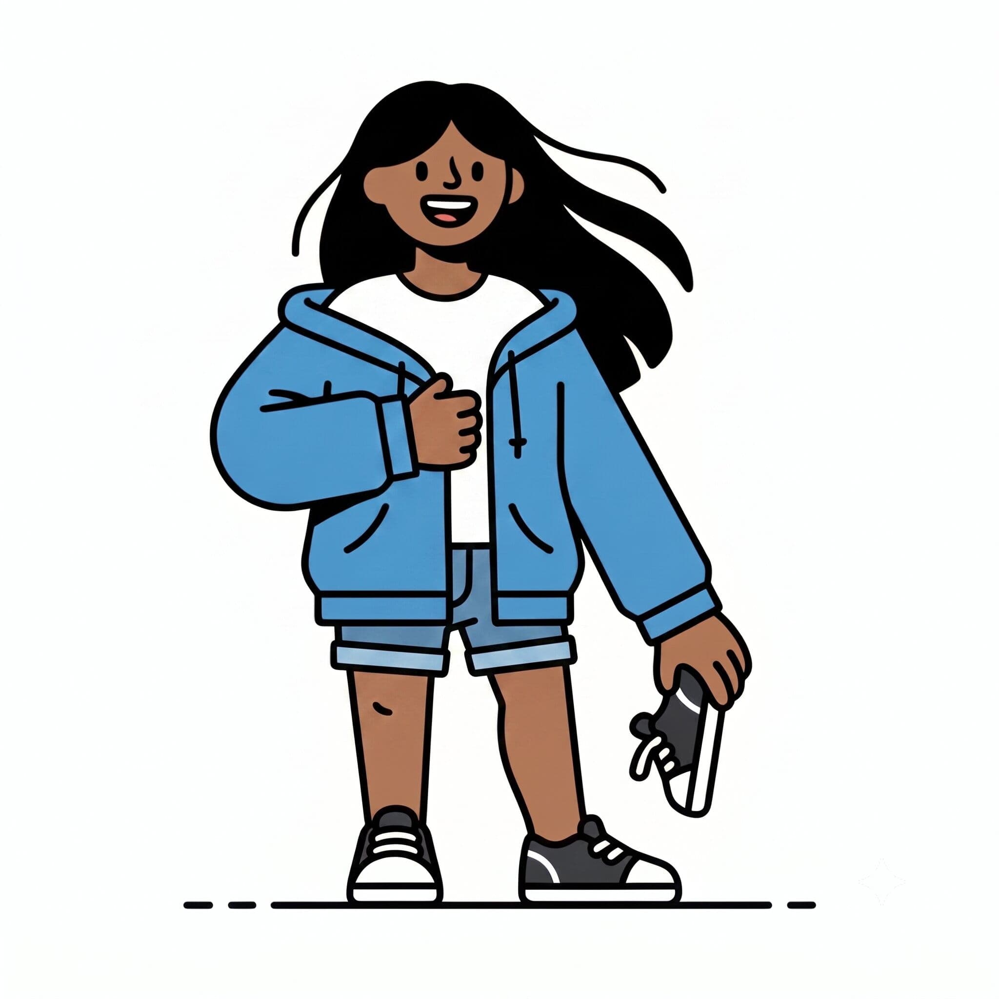 A girl holds her jacket while slipping off a shoe with her foot.