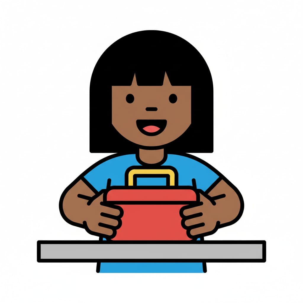 A girl is holding a red lunchbox on a table.