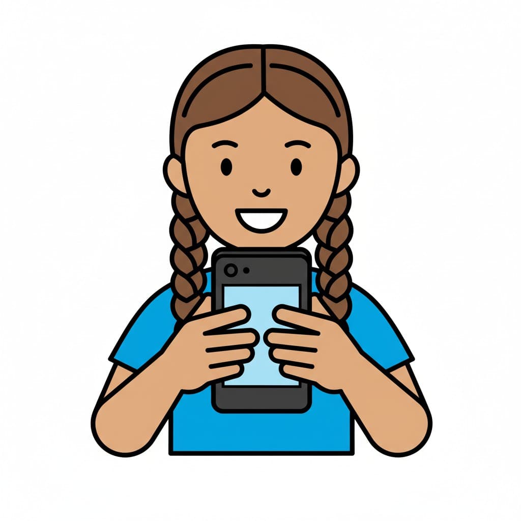 Tyttö pitää älypuhelinta ja katsoo näyttöä.