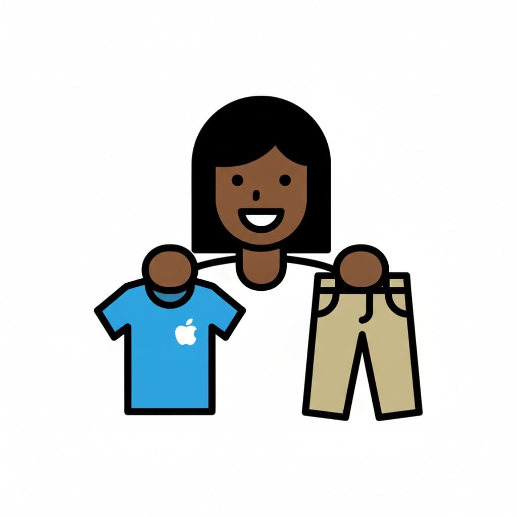 En flicka håller upp en blå t-shirt och ett par byxor inför skoldagen.
