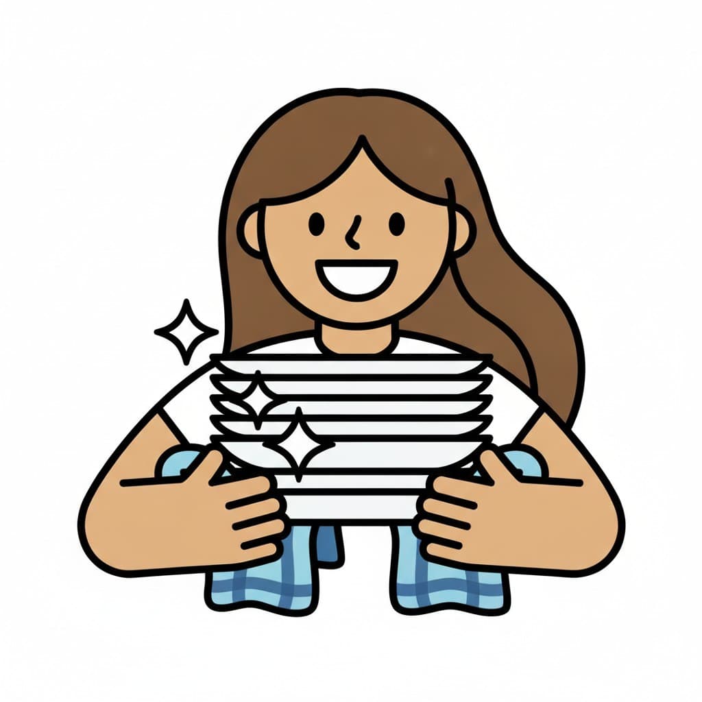 A smiling girl in a striped shirt holds a tall stack of clean plates that sparkle.